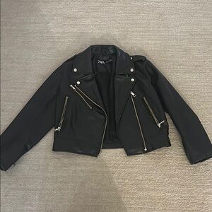 ZARA Black Faux-Leather Cropped Moto Jacket with Silver Hardware